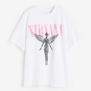 H&M Nirvana Graphic Tee Oversized XS White Pink Band T-Shirt Grunge Y2K